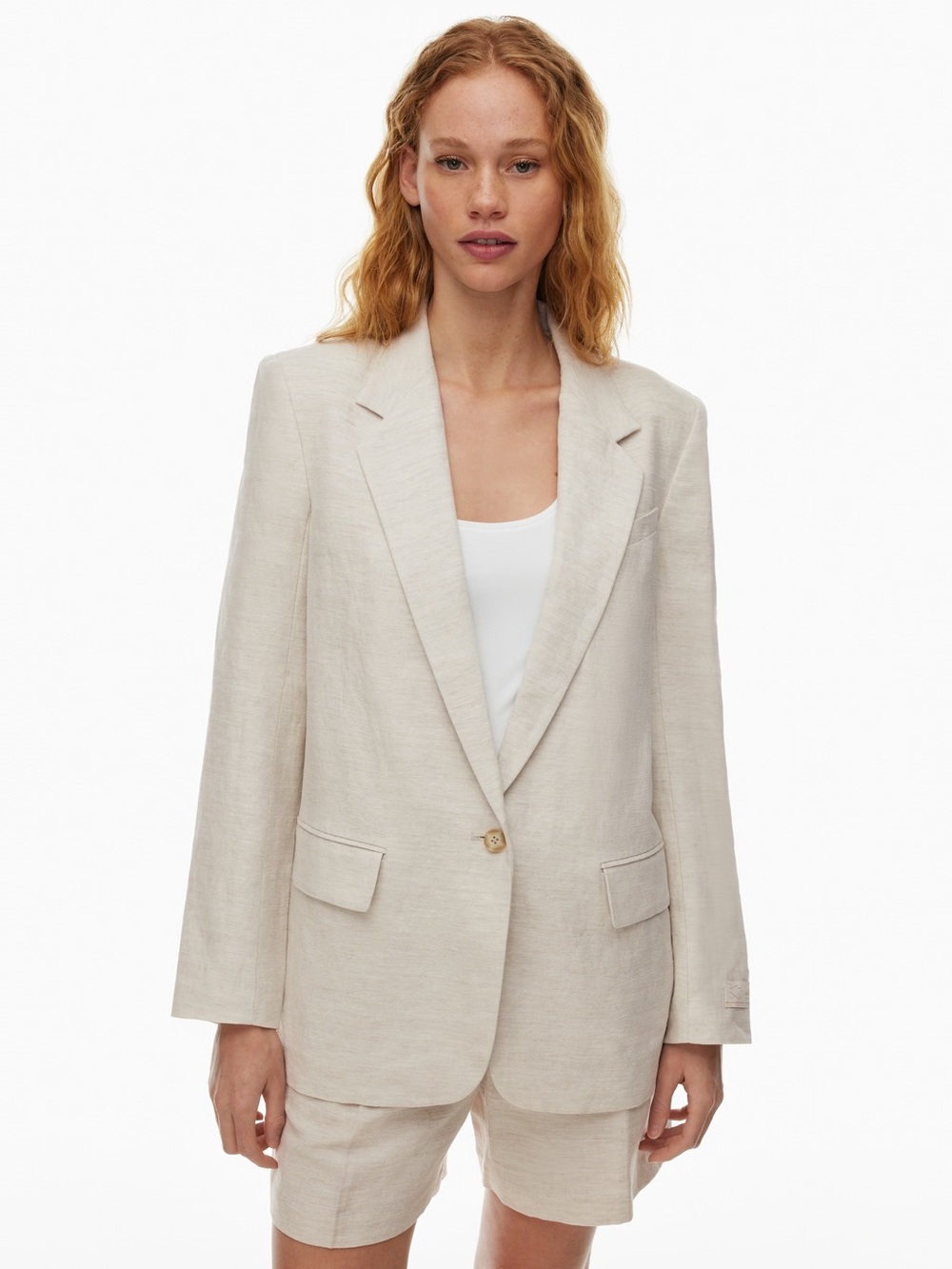 Express Women's Beige Single-Button Linen Blend Blazer